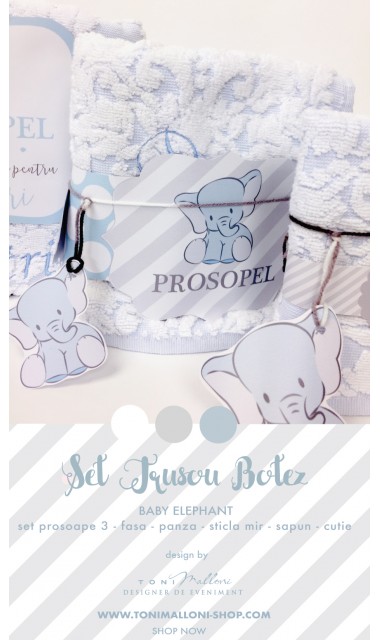 Trusou de botez cu broderie personalizata pentru baieti, Bleu & Grey Elephant 7